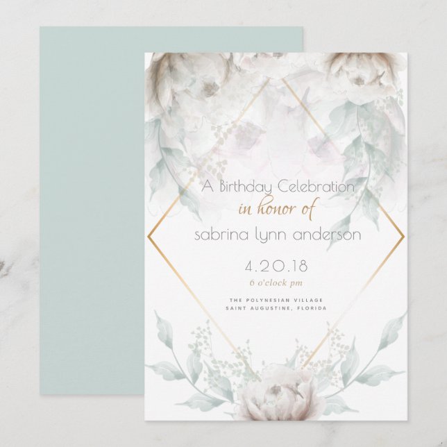 Invitación Fiesta de cumpleaños | Elegantes Peonías Blancas A (Anverso / Reverso)