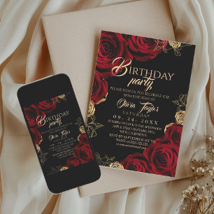 Invitación Fiesta de Cumpleaños Elegantes Rosas Doradas Rojas