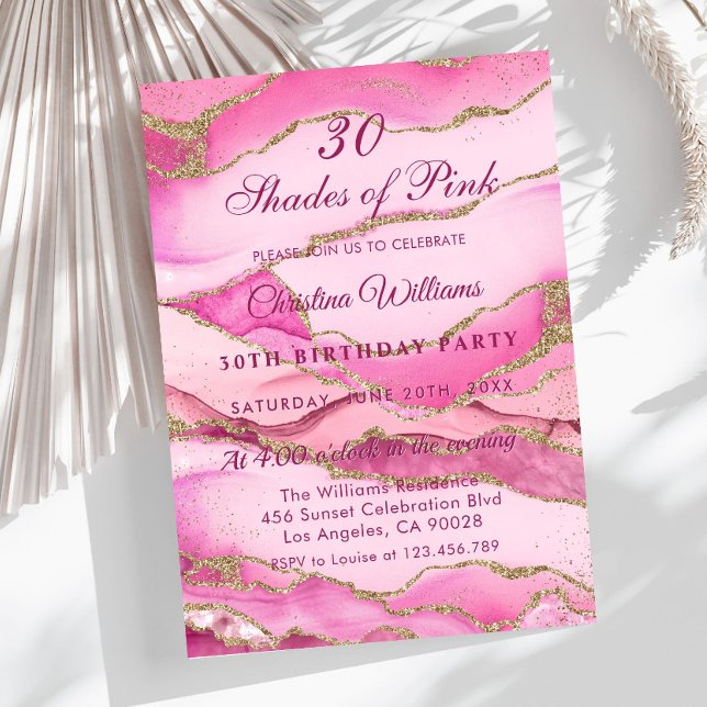 Invitación Fiesta de Cumpleaños Elegantes Tonos de Rosa (Elegant Pink and Gold Marble, Shades of Pink Birthday Party Invitation)