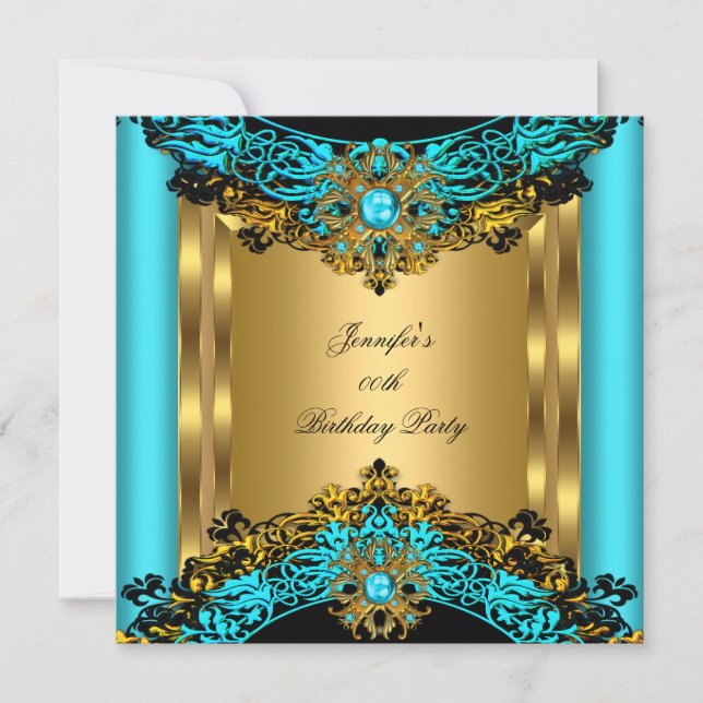 Invitación Fiesta de Cumpleaños Elite Azul Turquesa Joya Dora (Anverso)