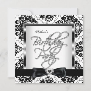 Invitación Fiesta de Cumpleaños Elite Damask Plata Negro Blan