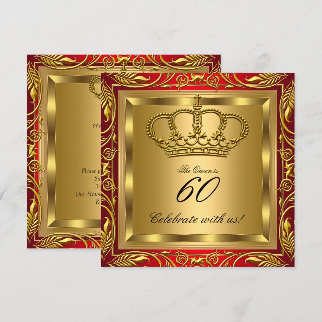 Invitación Fiesta de Cumpleaños Elite de Oro Rojo Real Reina  (Anverso / Reverso)