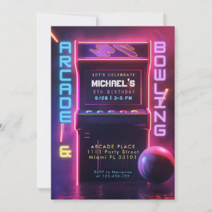 Invitación Fiesta de Cumpleaños en Arcade y Bolos Neon Glow