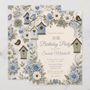 Invitación Fiesta de cumpleaños en azul polvoriento y verde s