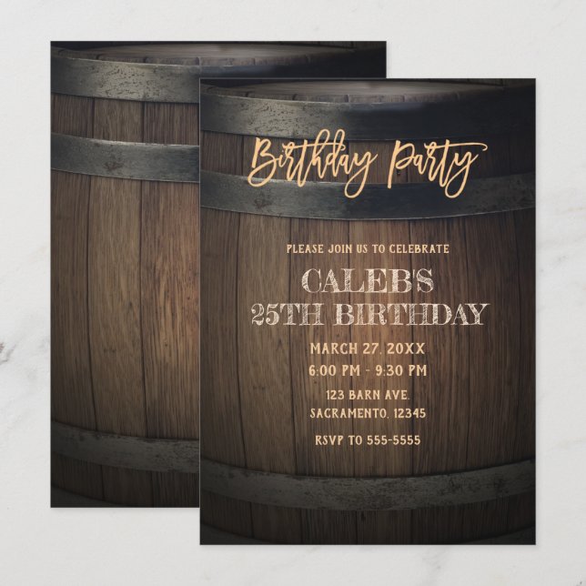 Invitación Fiesta de Cumpleaños en Barril de Madera Rústica (Anverso / Reverso)