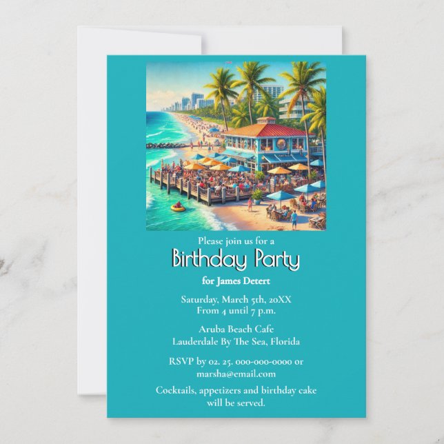 Invitación Fiesta de cumpleaños en Beach Cafe (Anverso)
