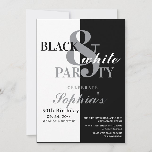 Invitación Fiesta de Cumpleaños en Blanco y Negro (Anverso)
