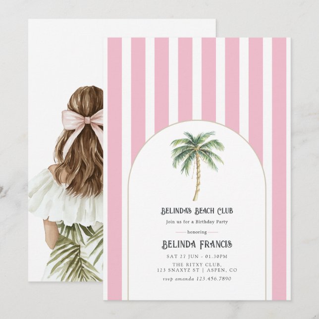 Invitación Fiesta de Cumpleaños en Blush Pink Beach Club (Anverso / Reverso)