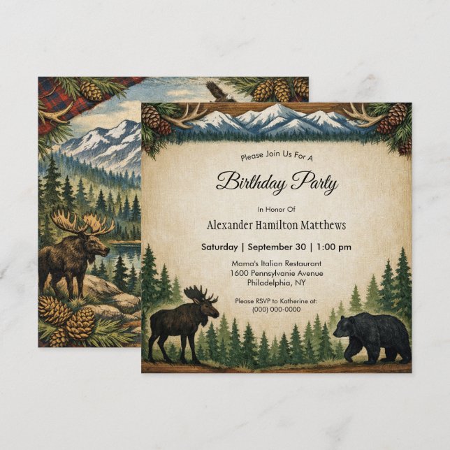 Invitación Fiesta de cumpleaños en bosque rústico  (Anverso / Reverso)