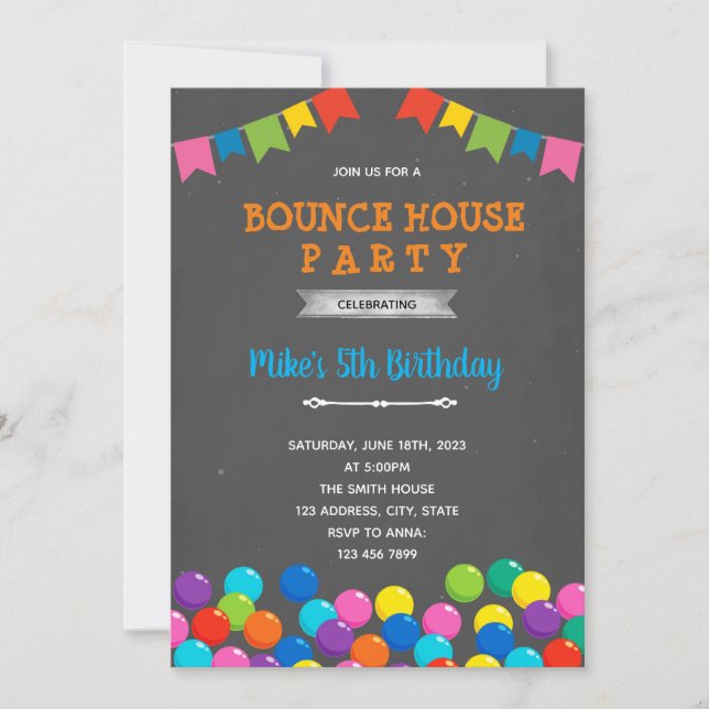 Invitación fiesta de cumpleaños en casa de rebote con piscina (Anverso)