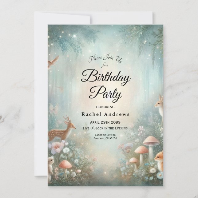Invitación Fiesta de cumpleaños en el bosque encantado de col (Anverso)