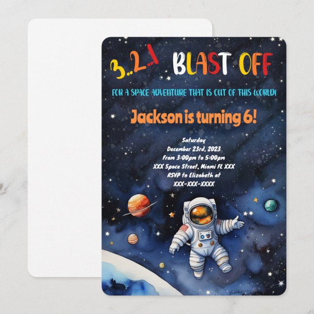 Invitación Fiesta de Cumpleaños en el Espacio Exterior (Anverso / Reverso)