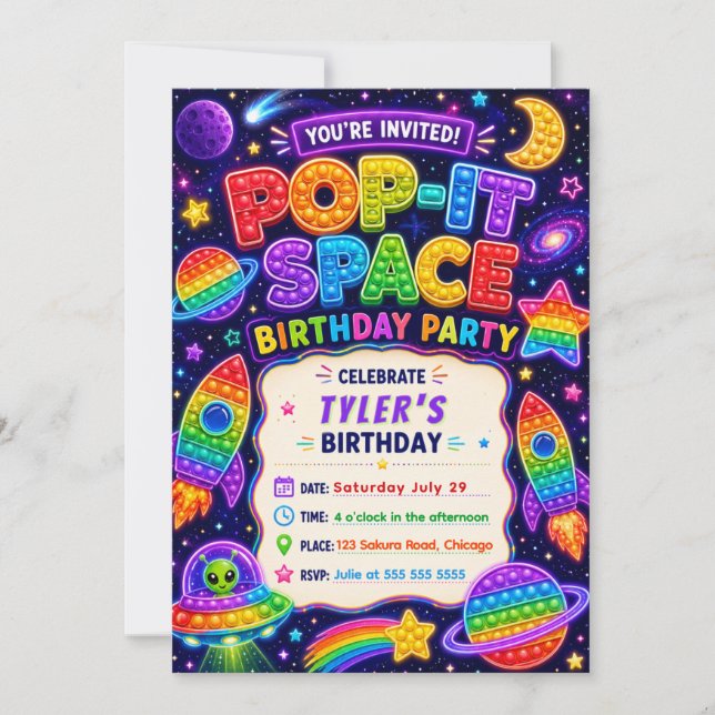 Invitación Fiesta de Cumpleaños en el Espacio Pop It (Anverso)
