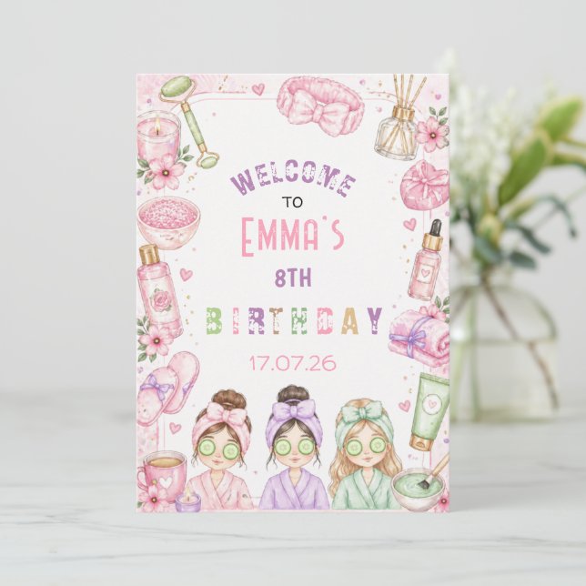 Invitación Fiesta de Cumpleaños en el Spa para Chicas Dulces  (Anverso de pie)