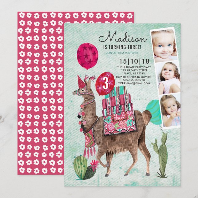 Invitación Fiesta de Cumpleaños en el Zoológico | Llama | Inv (Anverso / Reverso)