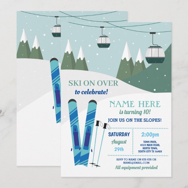 Invitación Fiesta de cumpleaños en esquí Nieve en snowboard (Anverso / Reverso)