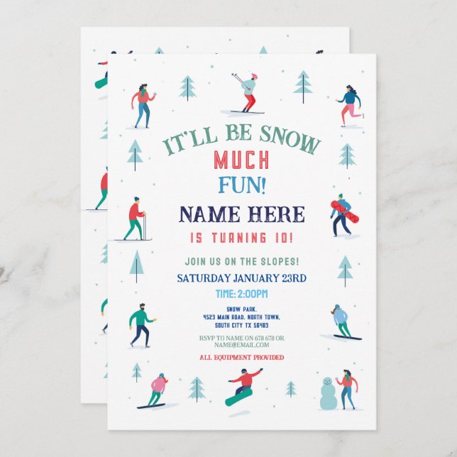 Invitación Fiesta de cumpleaños en esquí Nieve en snowboard (Anverso / Reverso)