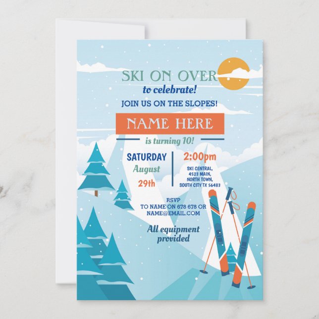 Invitación Fiesta de cumpleaños en esquí Nieve en snowboard (Anverso)