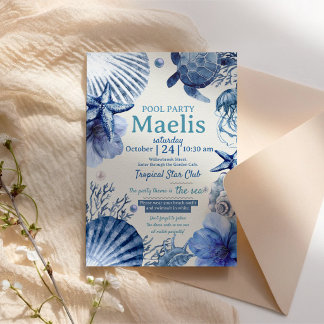 Invitación Fiesta de Cumpleaños en la Costa con Acuarela Azul
