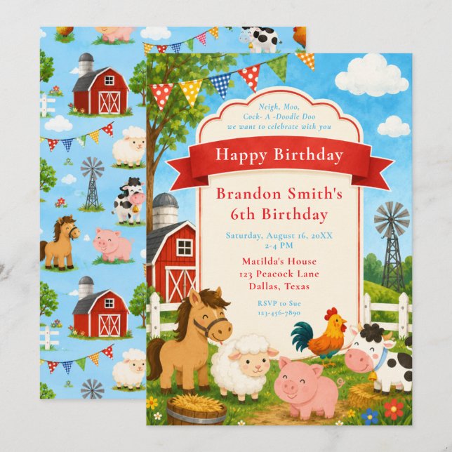 Invitación Fiesta de cumpleaños en la granja (Anverso / Reverso)