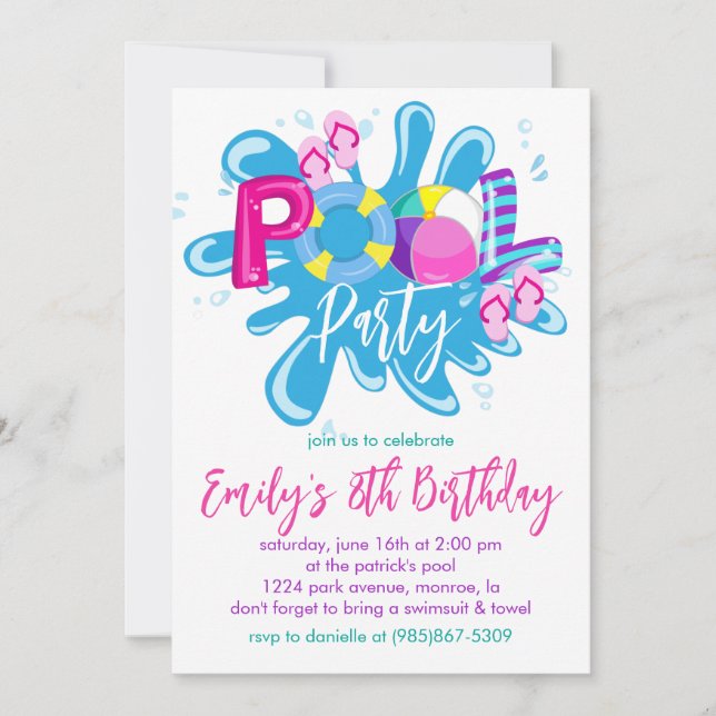 Invitación Fiesta de Cumpleaños en la Piscina (Anverso)