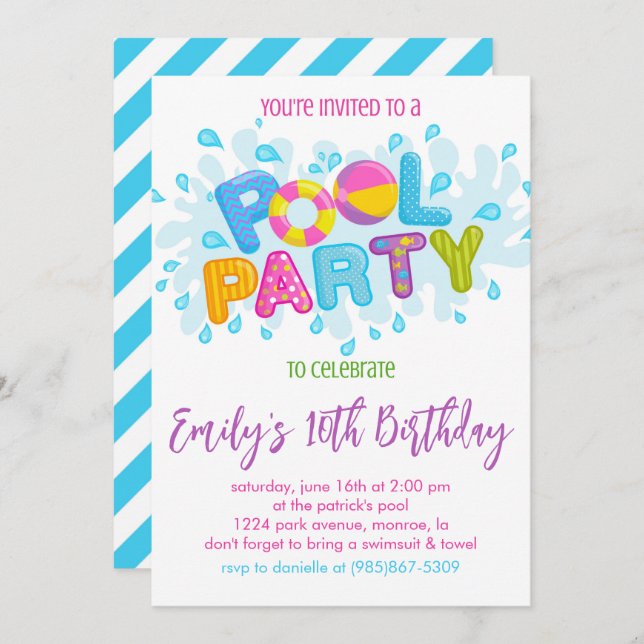 Invitación Fiesta de Cumpleaños en la Piscina (Anverso / Reverso)