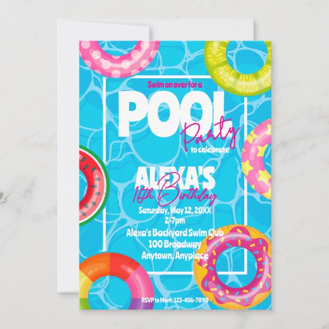 Invitación Fiesta de cumpleaños en la piscina (Anverso)
