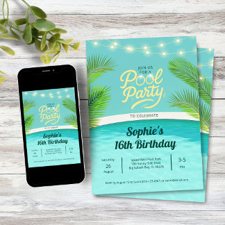 Invitación Fiesta de Cumpleaños en la Piscina al Atardecer Tr