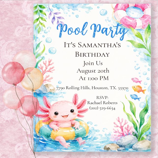 Invitación Fiesta de Cumpleaños en la Piscina con Ajolote Ado (Subido por el creador)