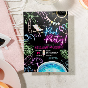 Invitación Fiesta de cumpleaños en la piscina con brillo neón