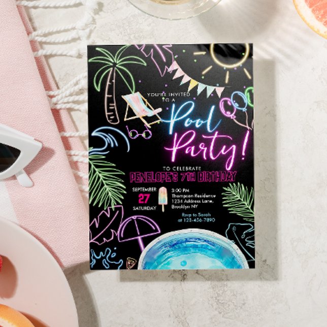 Invitación Fiesta de cumpleaños en la piscina con brillo neón (Subido por el creador)