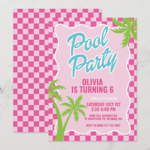 Invitación fiesta de cumpleaños en la piscina con cheque rosa