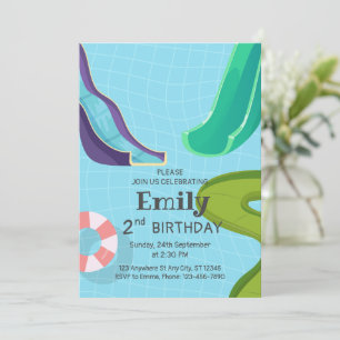 Invitación Fiesta de cumpleaños en la piscina con toboganes d