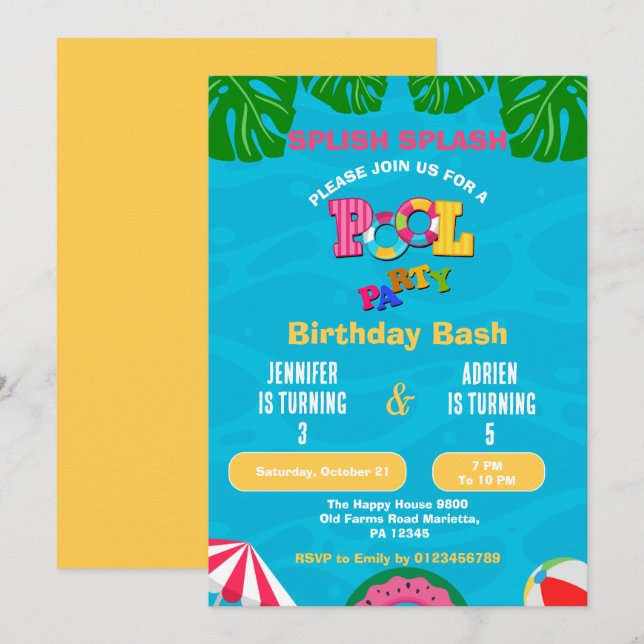 Invitación Fiesta de Cumpleaños en la Piscina Conjunta Splash (Anverso / Reverso)