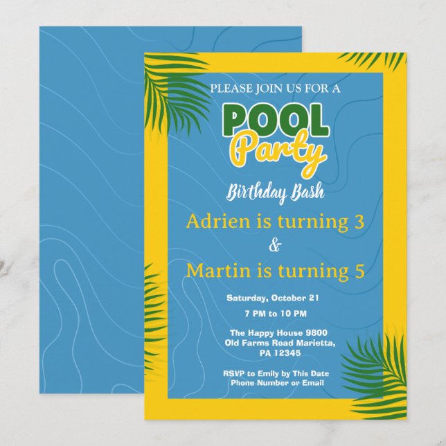 Invitación Fiesta de Cumpleaños en la Piscina Cool  (Anverso / Reverso)
