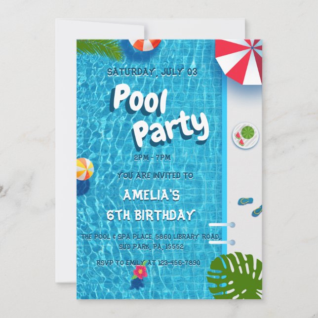 Invitación Fiesta de cumpleaños en la piscina de agua Splash  (Anverso)