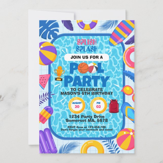 Invitación Fiesta de Cumpleaños en la Piscina de Baloncesto (Anverso)