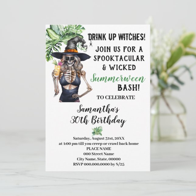 Invitación Fiesta de Cumpleaños en la Piscina de Brujas Bebie (Anverso de pie)