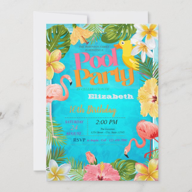 Invitación Fiesta de Cumpleaños en la Piscina de Flores Tropi (Anverso)