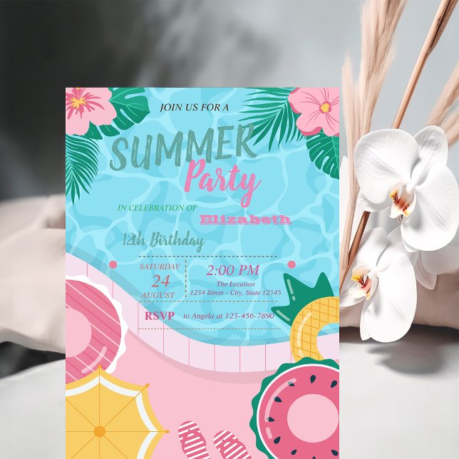 Invitación Fiesta de Cumpleaños en la Piscina de Flores Tropi (Subido por el creador)