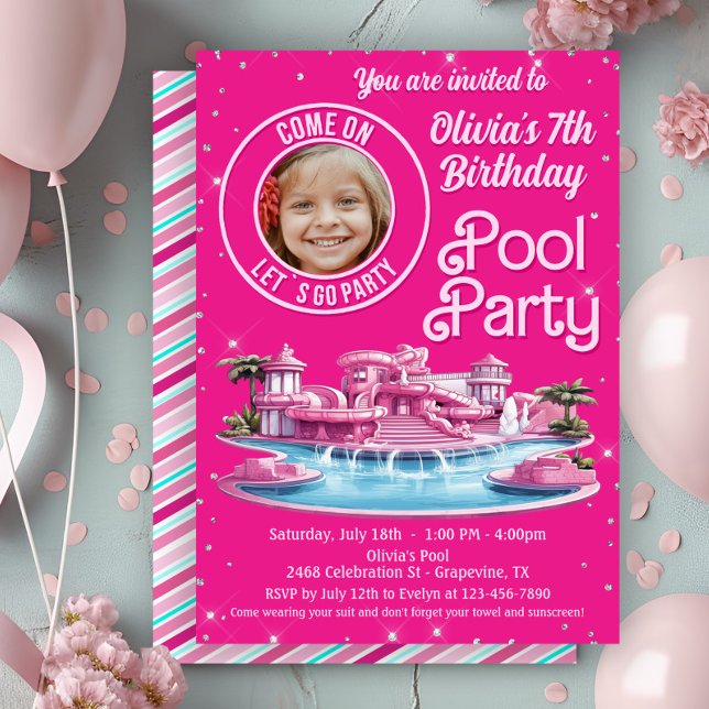 Invitación Fiesta de cumpleaños en la piscina de muñeca Malib (Cute Malibu doll pool party invitation with spot for photo. Any number - simply add your details.)