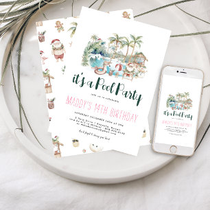 Invitación Fiesta de Cumpleaños en la Piscina de Navidad Trop