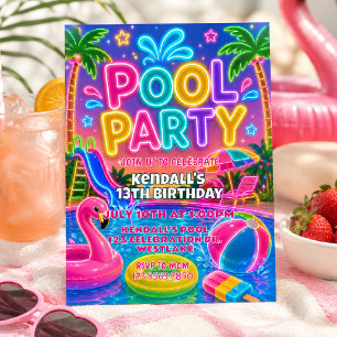 Invitación Fiesta de Cumpleaños en la Piscina de Neón Veran