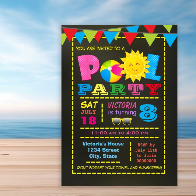 Invitación Fiesta de cumpleaños en la piscina de niñas (Girl any number pool birthday party invitation. Simply add your details.)