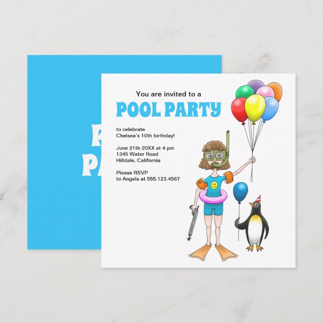 Invitación Fiesta de Cumpleaños en la Piscina de Verano (Anverso / Reverso)