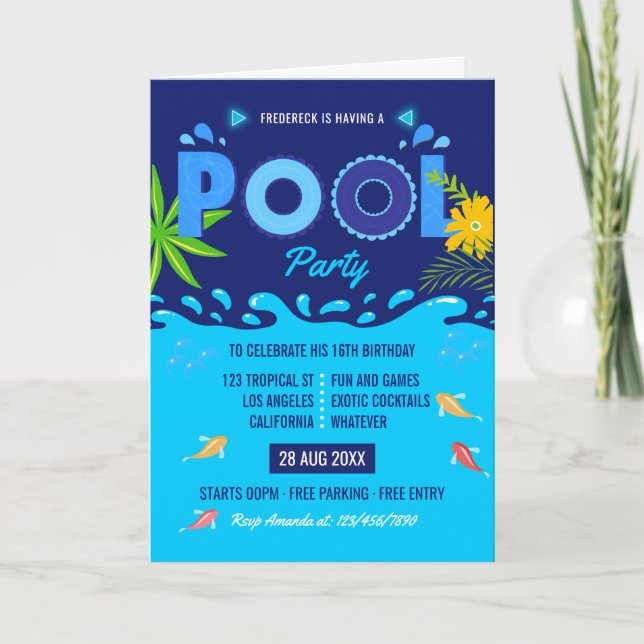 Invitación Fiesta de cumpleaños en la piscina de verano azul  (Anverso)