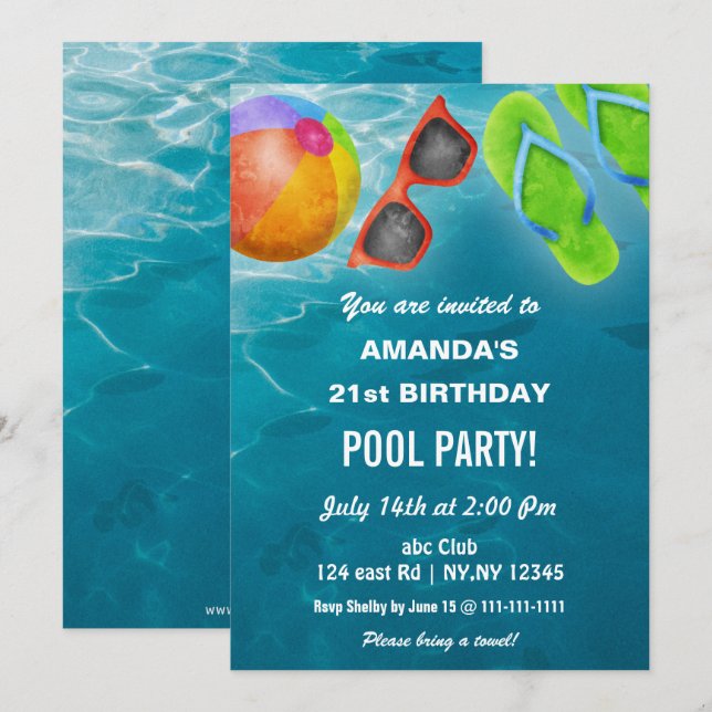 Invitación Fiesta de cumpleaños en la piscina de verano rústi (Anverso / Reverso)