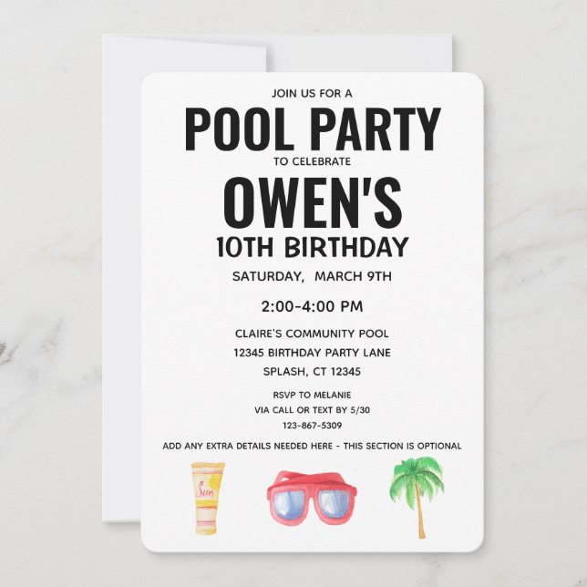 Invitación Fiesta de Cumpleaños en la Piscina género neutral (Anverso)
