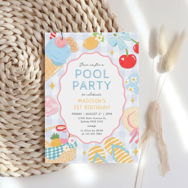 Invitación Fiesta de Cumpleaños en la Piscina Pastel Doodle P (Subido por el creador)