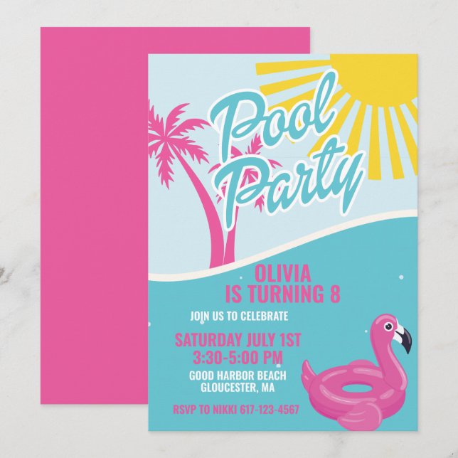 Invitación Fiesta de cumpleaños en la piscina rosa de Malibu (Anverso / Reverso)